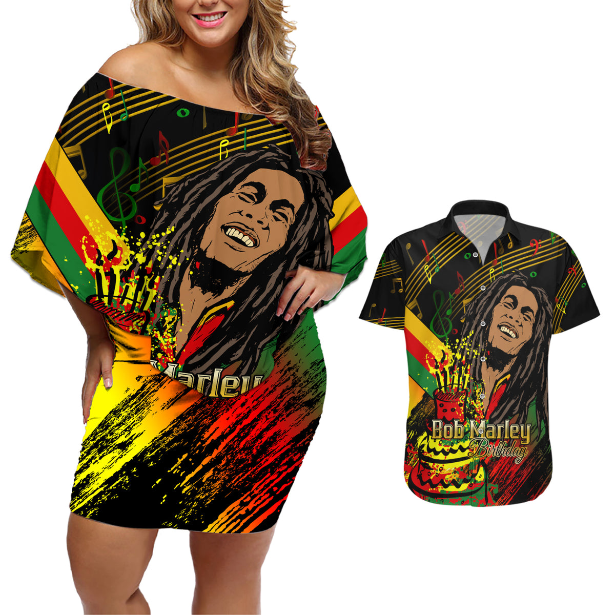 Legend Bob Birthday Couples Matching Off Shoulder Short Dress and Hawaiian Shirt The Father of Reggae - Wonder Print Shop