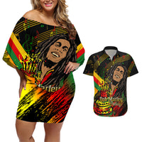 Legend Bob Birthday Couples Matching Off Shoulder Short Dress and Hawaiian Shirt The Father of Reggae - Wonder Print Shop