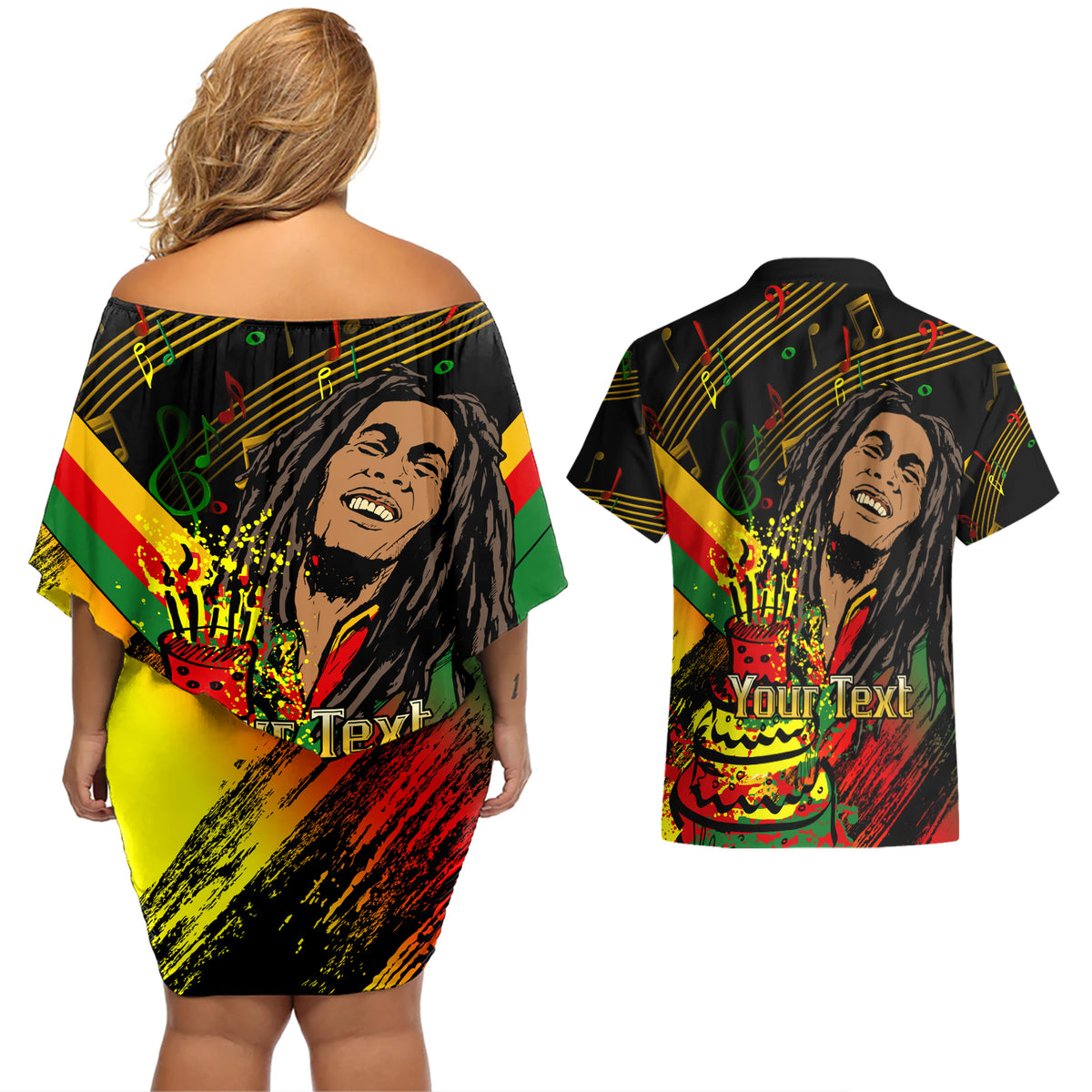 Legend Bob Birthday Couples Matching Off Shoulder Short Dress and Hawaiian Shirt The Father of Reggae - Wonder Print Shop