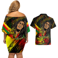 Legend Bob Birthday Couples Matching Off Shoulder Short Dress and Hawaiian Shirt The Father of Reggae - Wonder Print Shop