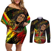 Legend Bob Birthday Couples Matching Off Shoulder Short Dress and Long Sleeve Button Shirt The Father of Reggae - Wonder Print Shop