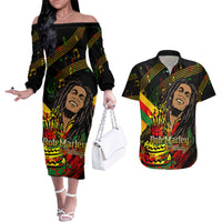 Legend Bob Birthday Couples Matching Off The Shoulder Long Sleeve Dress and Hawaiian Shirt The Father of Reggae - Wonder Print Shop