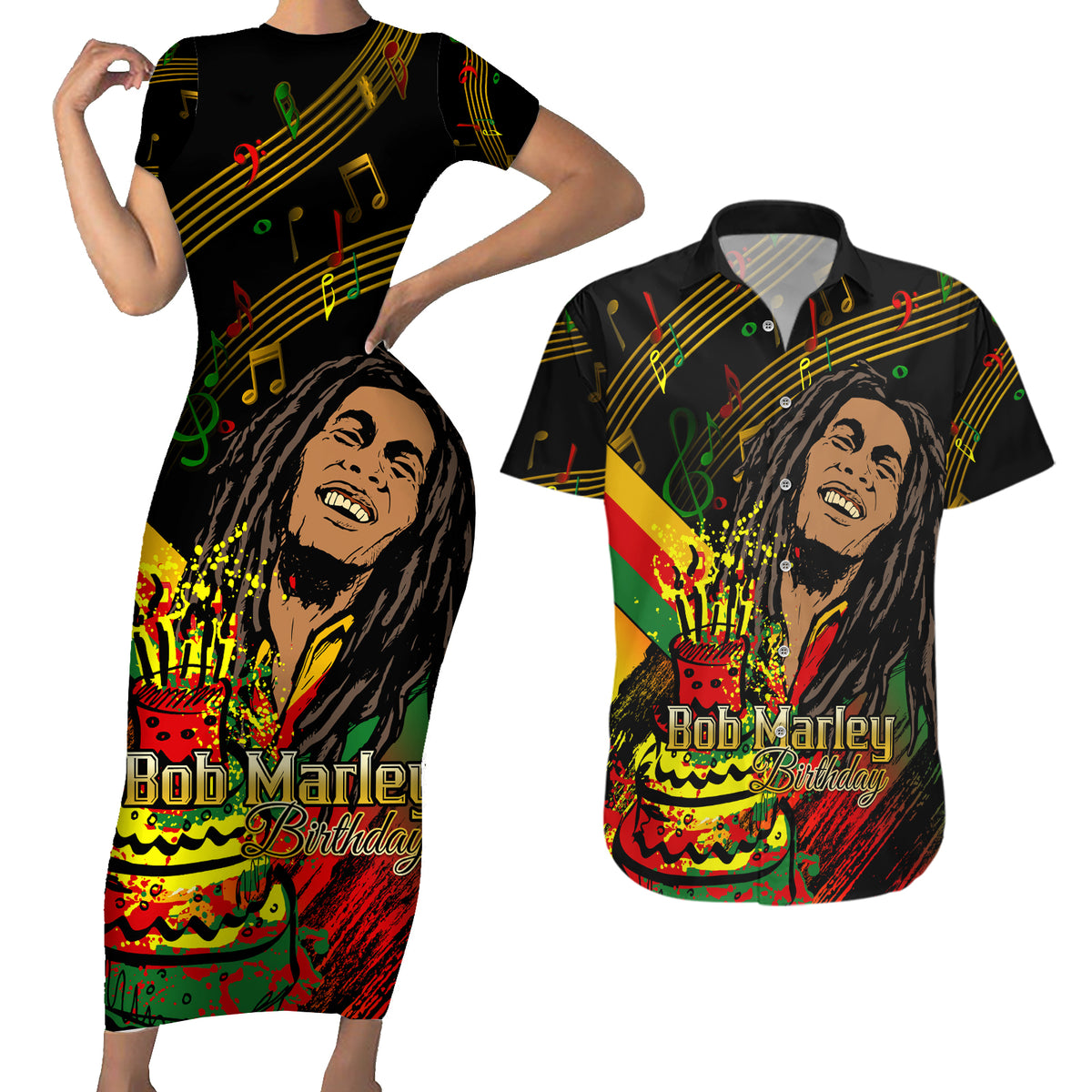 Legend Bob Birthday Couples Matching Short Sleeve Bodycon Dress and Hawaiian Shirt The Father of Reggae - Wonder Print Shop