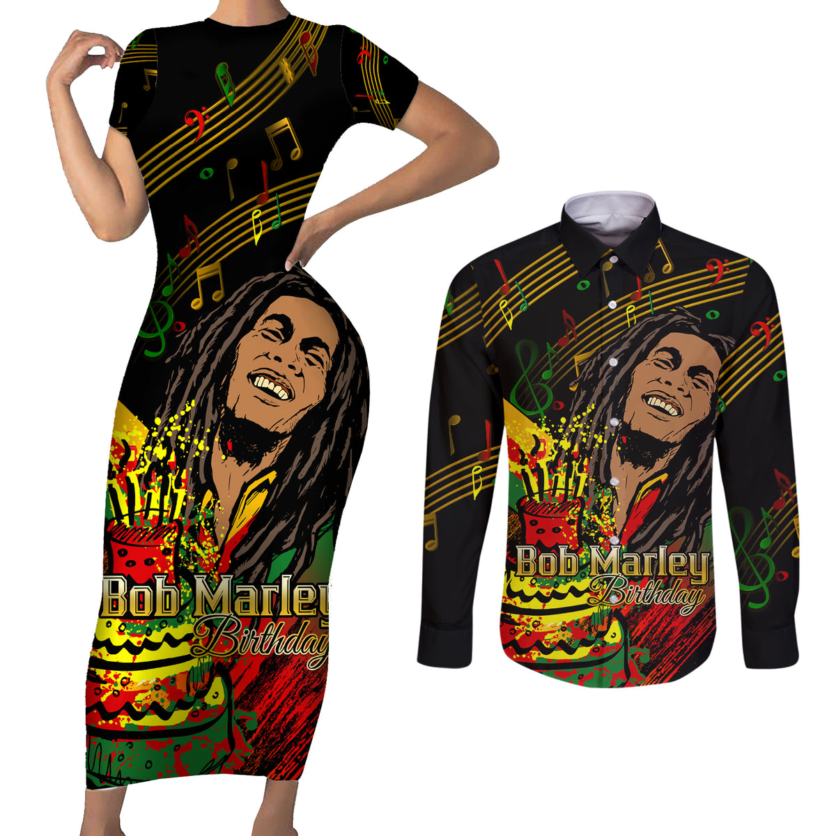 Legend Bob Birthday Couples Matching Short Sleeve Bodycon Dress and Long Sleeve Button Shirt The Father of Reggae - Wonder Print Shop