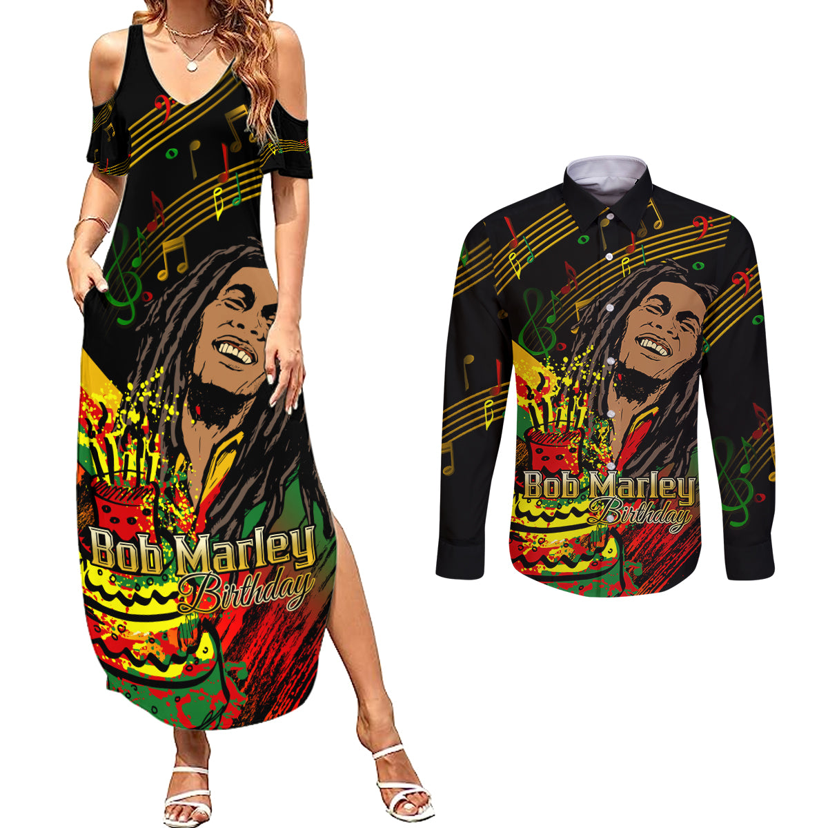 Legend Bob Birthday Couples Matching Summer Maxi Dress and Long Sleeve Button Shirt The Father of Reggae - Wonder Print Shop