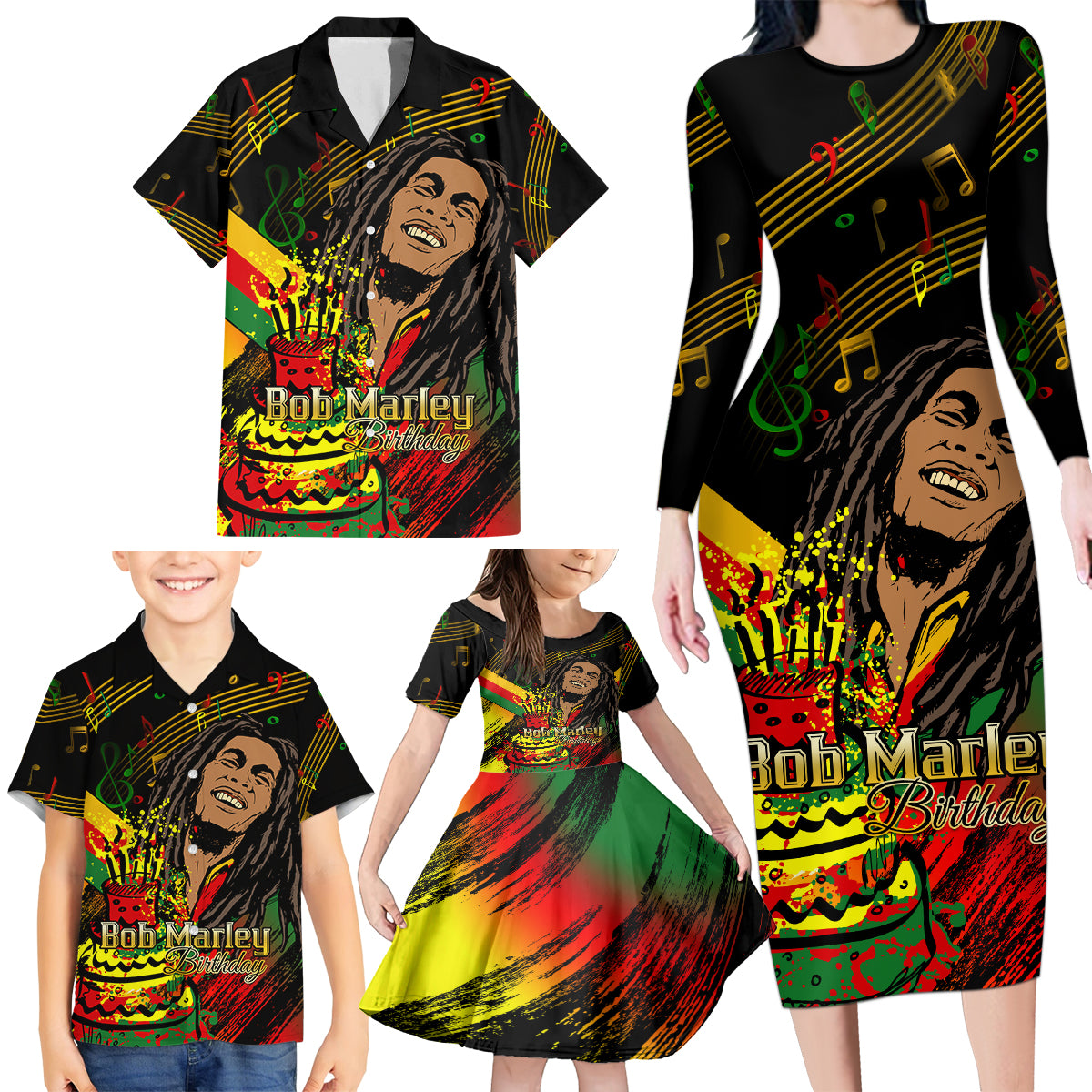 Legend Bob Birthday Family Matching Long Sleeve Bodycon Dress and Hawaiian Shirt The Father of Reggae - Wonder Print Shop