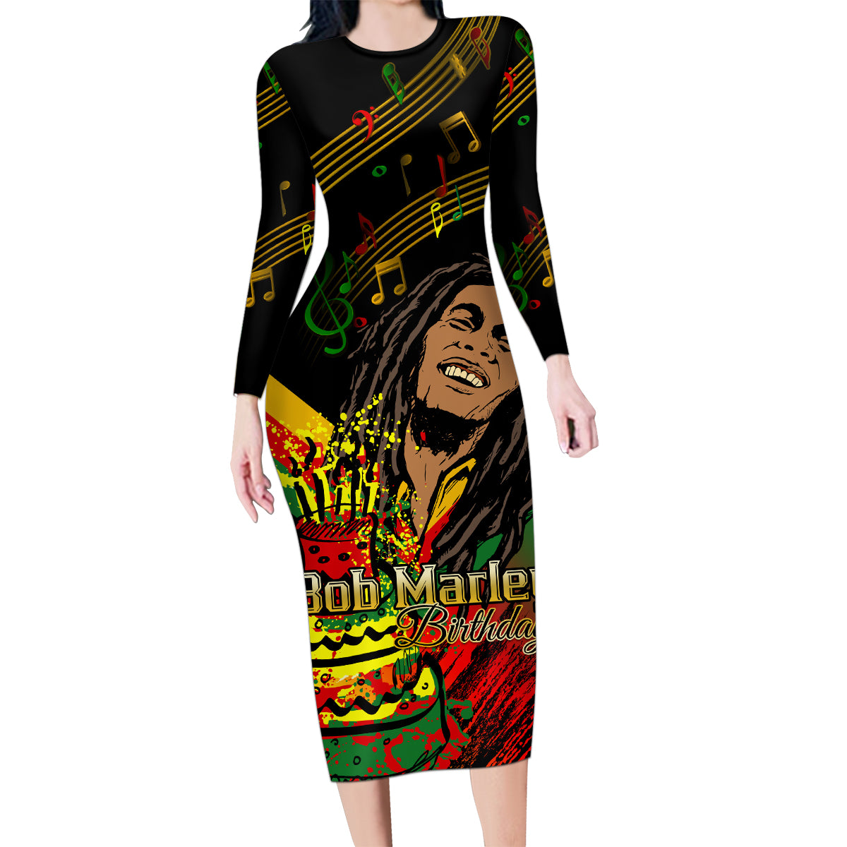 Legend Bob Birthday Family Matching Long Sleeve Bodycon Dress and Hawaiian Shirt The Father of Reggae - Wonder Print Shop