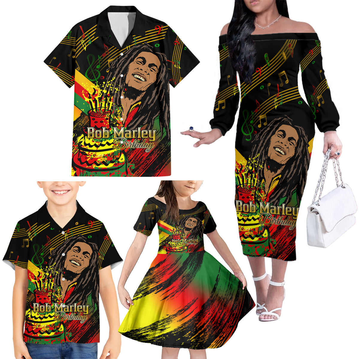Legend Bob Birthday Family Matching Off Shoulder Long Sleeve Dress and Hawaiian Shirt The Father of Reggae - Wonder Print Shop