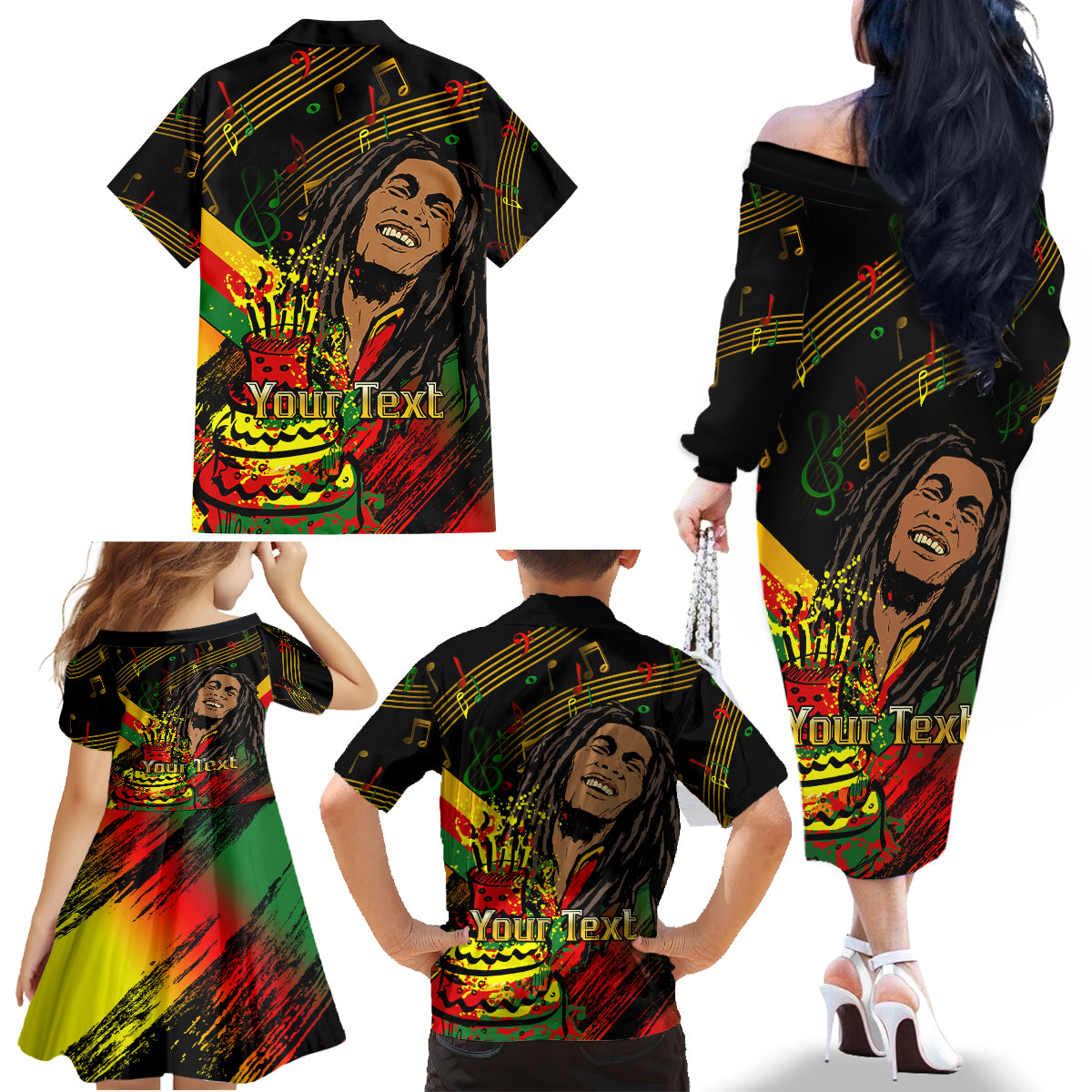 Legend Bob Birthday Family Matching Off Shoulder Long Sleeve Dress and Hawaiian Shirt The Father of Reggae - Wonder Print Shop