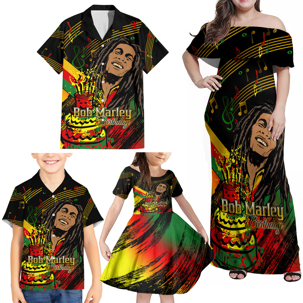 Legend Bob Birthday Family Matching Off Shoulder Maxi Dress and Hawaiian Shirt The Father of Reggae - Wonder Print Shop
