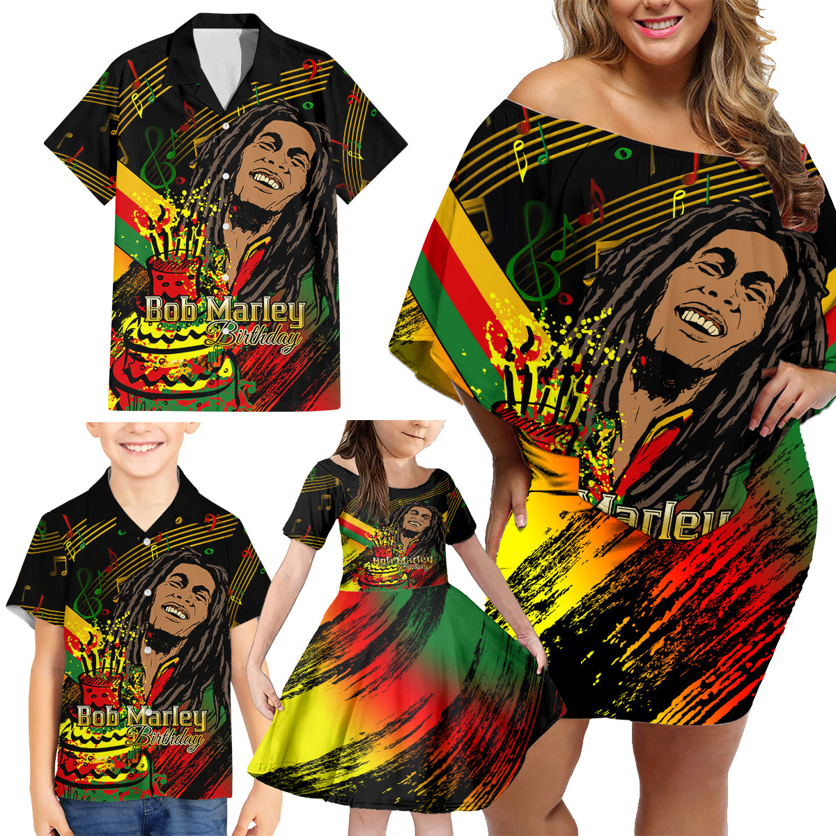 Legend Bob Birthday Family Matching Off Shoulder Short Dress and Hawaiian Shirt The Father of Reggae - Wonder Print Shop