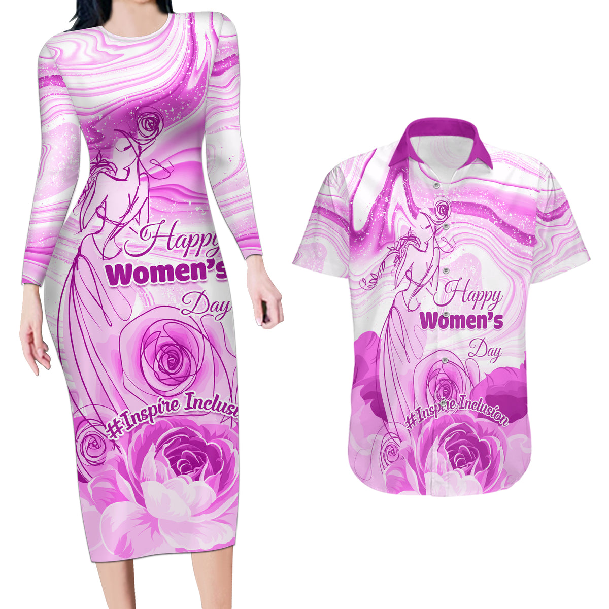 Happy International Women Day 2024 Couples Matching Long Sleeve Bodycon Dress and Hawaiian Shirt Inspire Inclusion - Wonder Print Shop