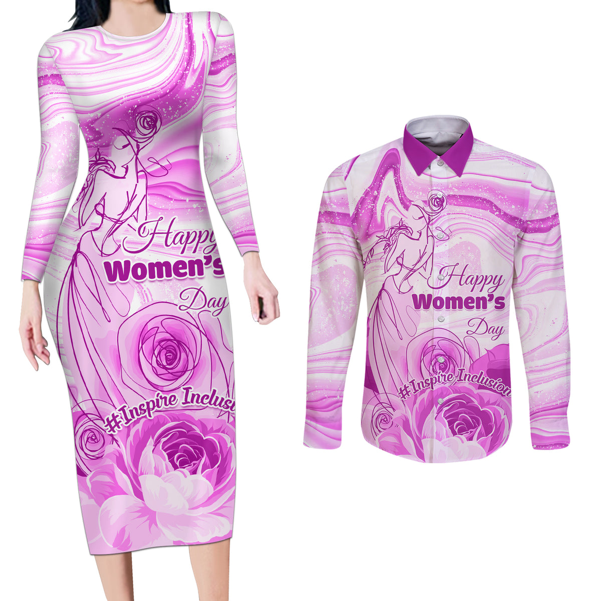 Happy International Women Day 2024 Couples Matching Long Sleeve Bodycon Dress and Long Sleeve Button Shirt Inspire Inclusion - Wonder Print Shop