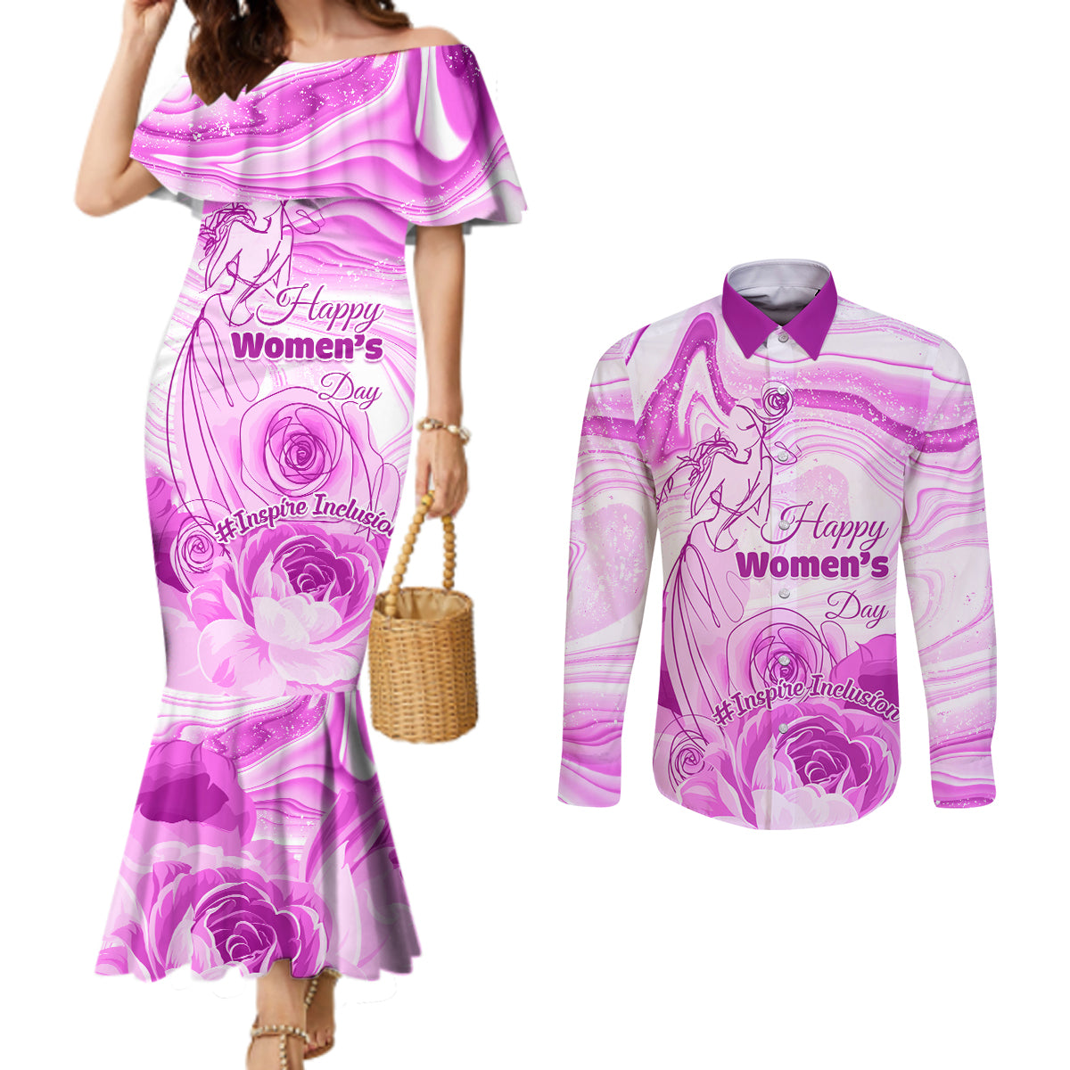 Happy International Women Day 2024 Couples Matching Mermaid Dress and Long Sleeve Button Shirt Inspire Inclusion