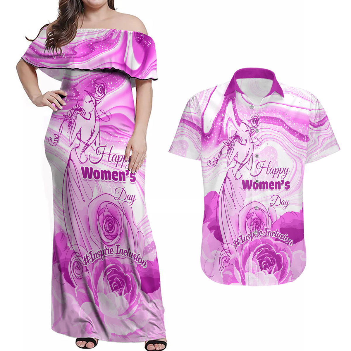 Happy International Women Day 2024 Couples Matching Off Shoulder Maxi Dress and Hawaiian Shirt Inspire Inclusion - Wonder Print Shop