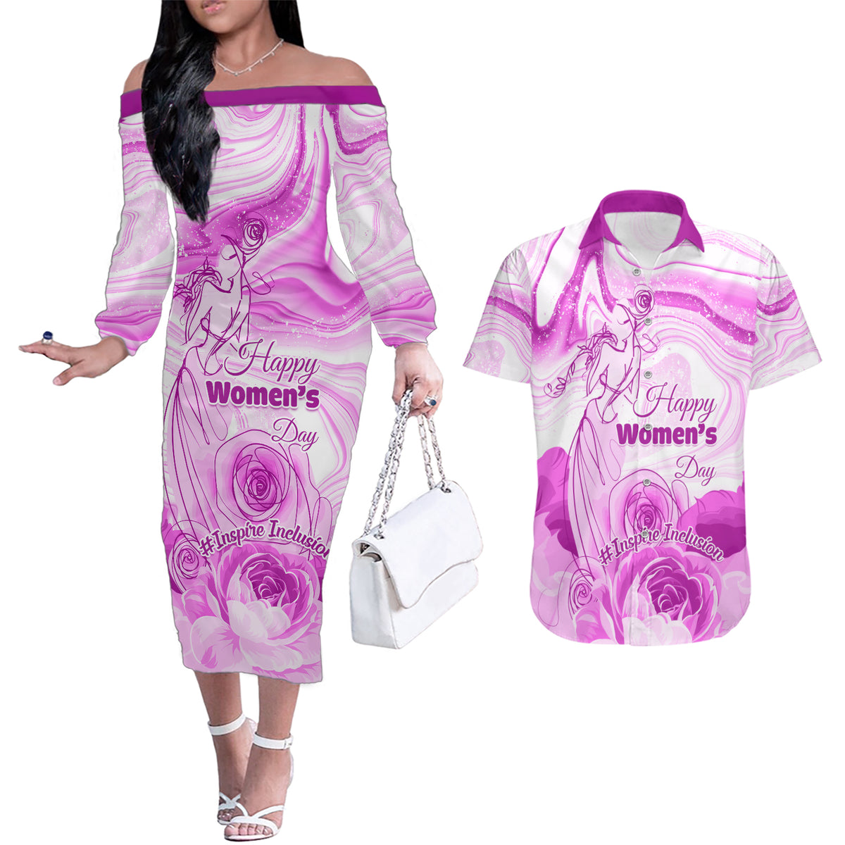 Happy International Women Day 2024 Couples Matching Off The Shoulder Long Sleeve Dress and Hawaiian Shirt Inspire Inclusion - Wonder Print Shop