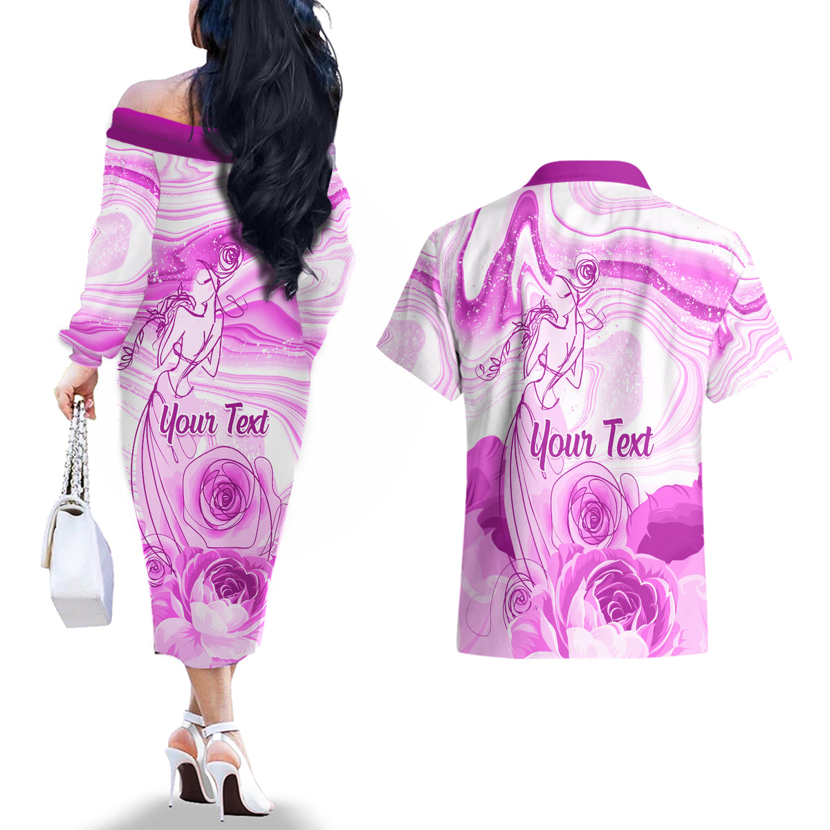 Happy International Women Day 2024 Couples Matching Off The Shoulder Long Sleeve Dress and Hawaiian Shirt Inspire Inclusion - Wonder Print Shop