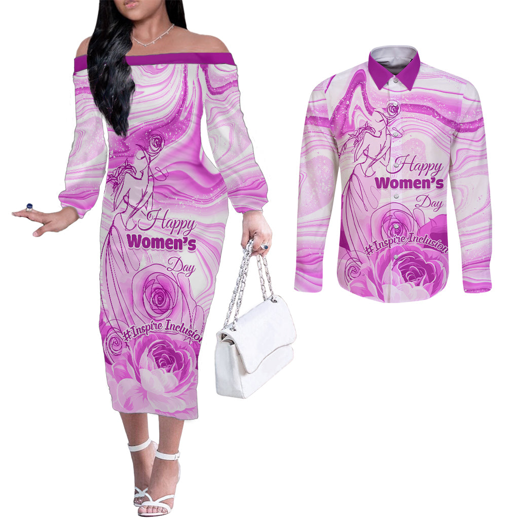 Happy International Women Day 2024 Couples Matching Off The Shoulder Long Sleeve Dress and Long Sleeve Button Shirt Inspire Inclusion