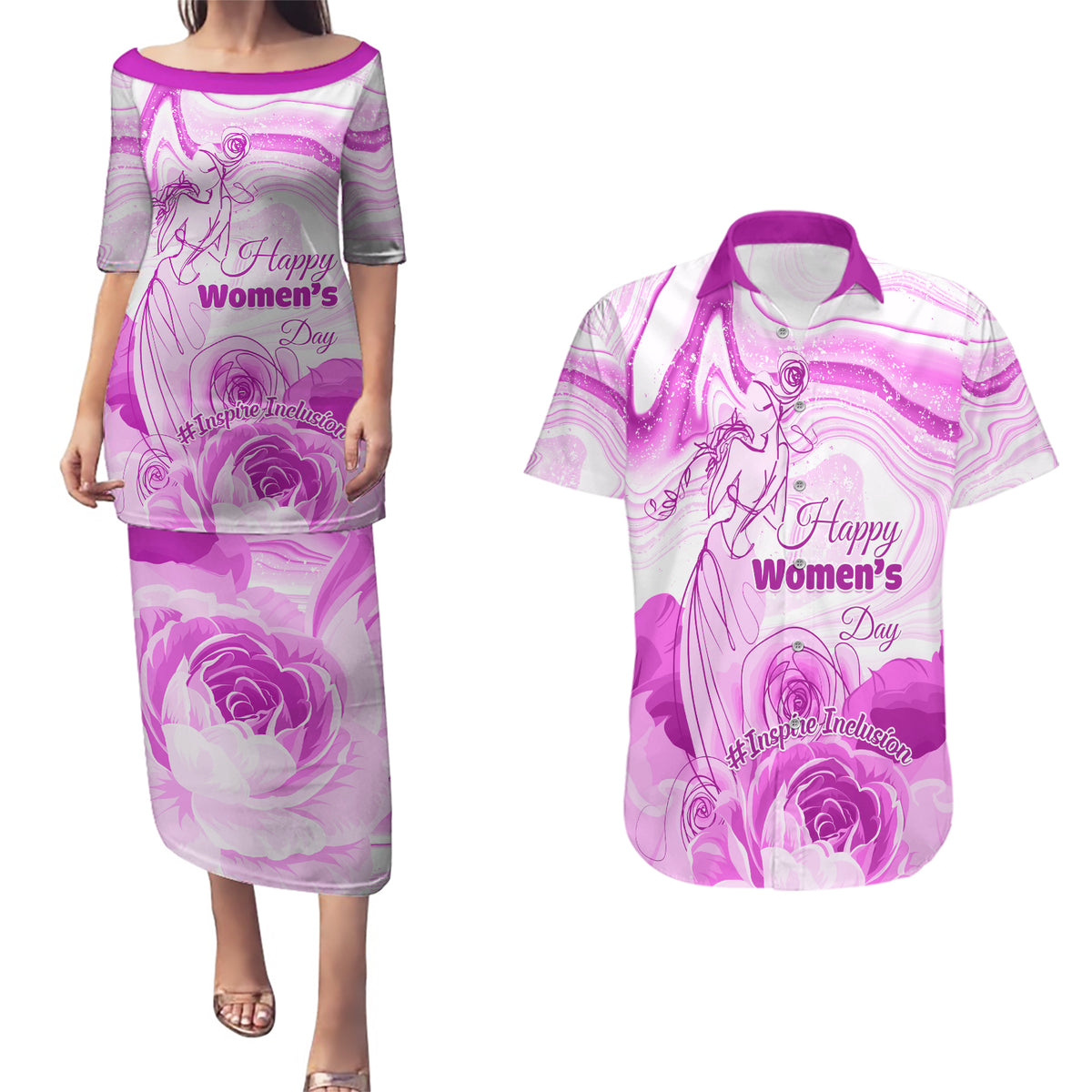 Happy International Women Day 2024 Couples Matching Puletasi and Hawaiian Shirt Inspire Inclusion - Wonder Print Shop