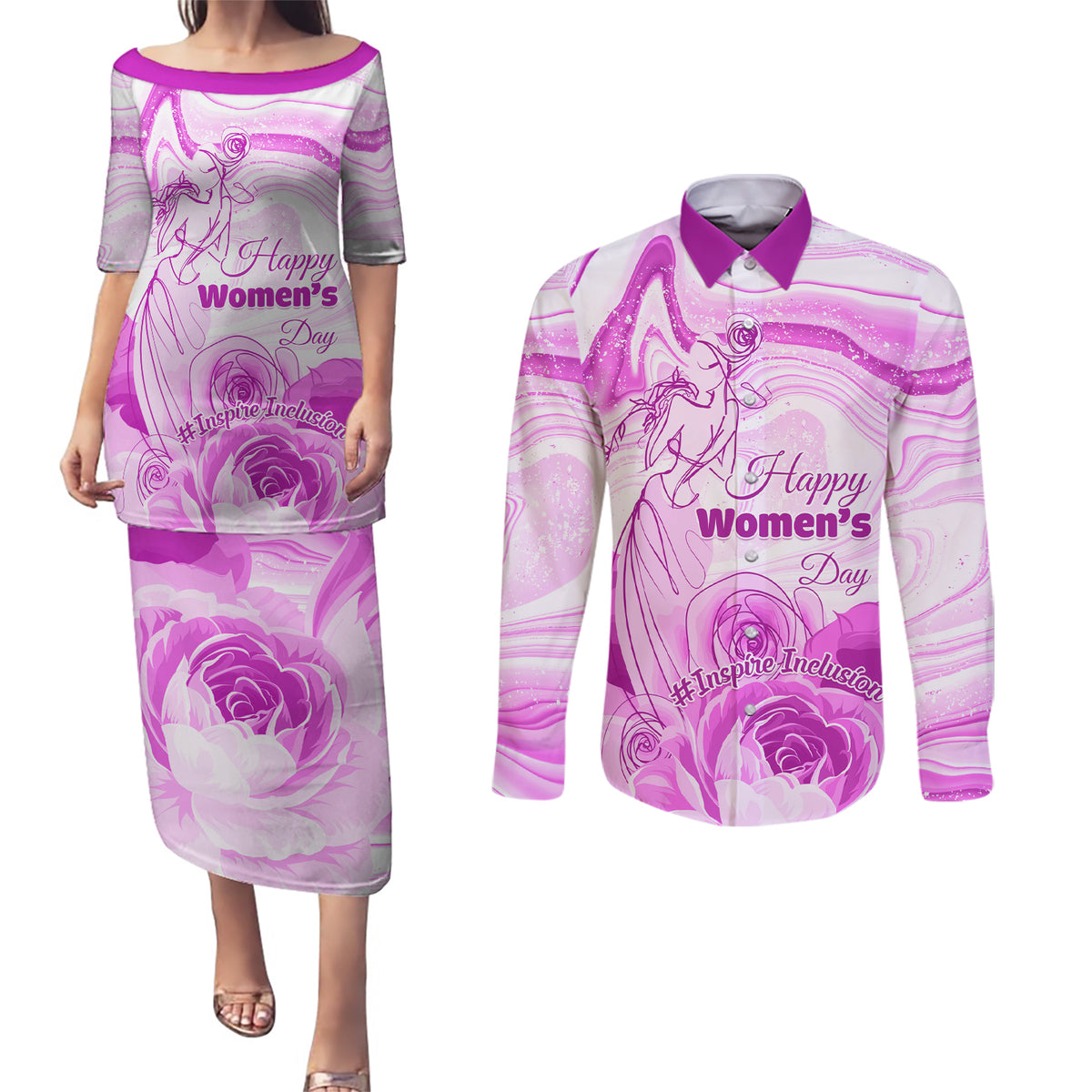 Happy International Women Day 2024 Couples Matching Puletasi and Long Sleeve Button Shirt Inspire Inclusion - Wonder Print Shop