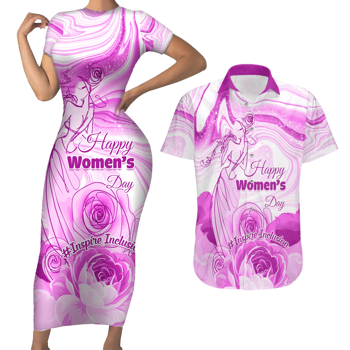 Happy International Women Day 2024 Couples Matching Short Sleeve Bodycon Dress and Hawaiian Shirt Inspire Inclusion - Wonder Print Shop