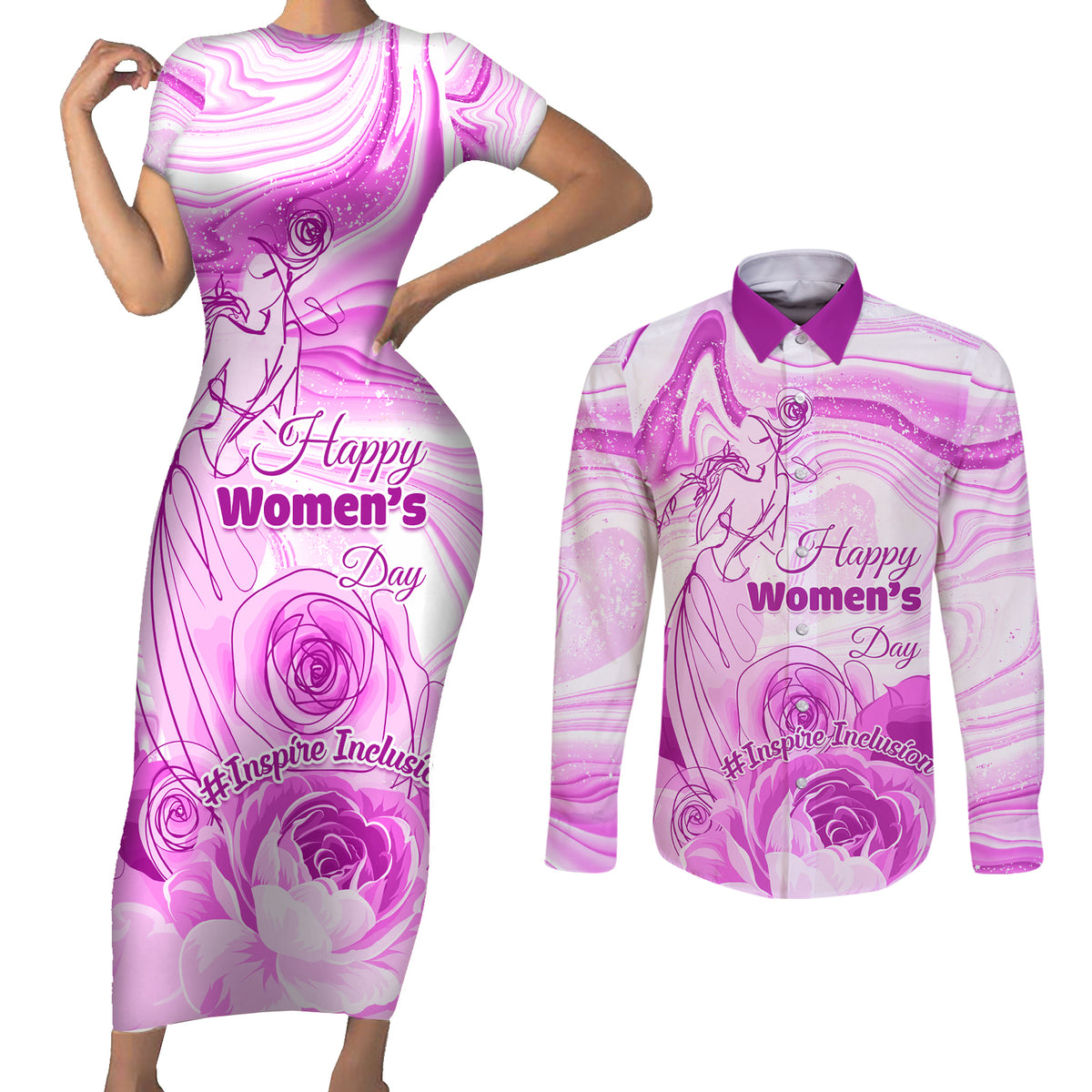 Happy International Women Day 2024 Couples Matching Short Sleeve Bodycon Dress and Long Sleeve Button Shirt Inspire Inclusion - Wonder Print Shop