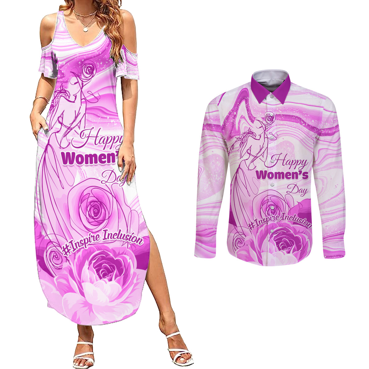 Happy International Women Day 2024 Couples Matching Summer Maxi Dress and Long Sleeve Button Shirt Inspire Inclusion - Wonder Print Shop