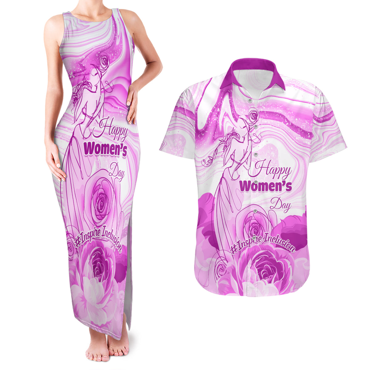 Happy International Women Day 2024 Couples Matching Tank Maxi Dress and Hawaiian Shirt Inspire Inclusion - Wonder Print Shop