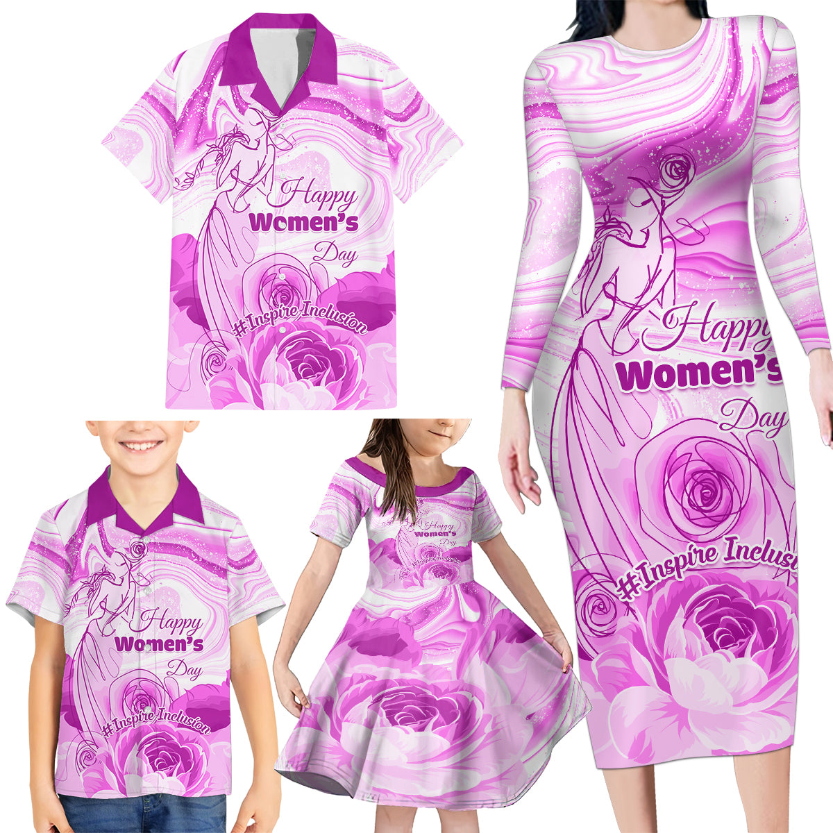 Happy International Women Day 2024 Family Matching Long Sleeve Bodycon Dress and Hawaiian Shirt Inspire Inclusion - Wonder Print Shop