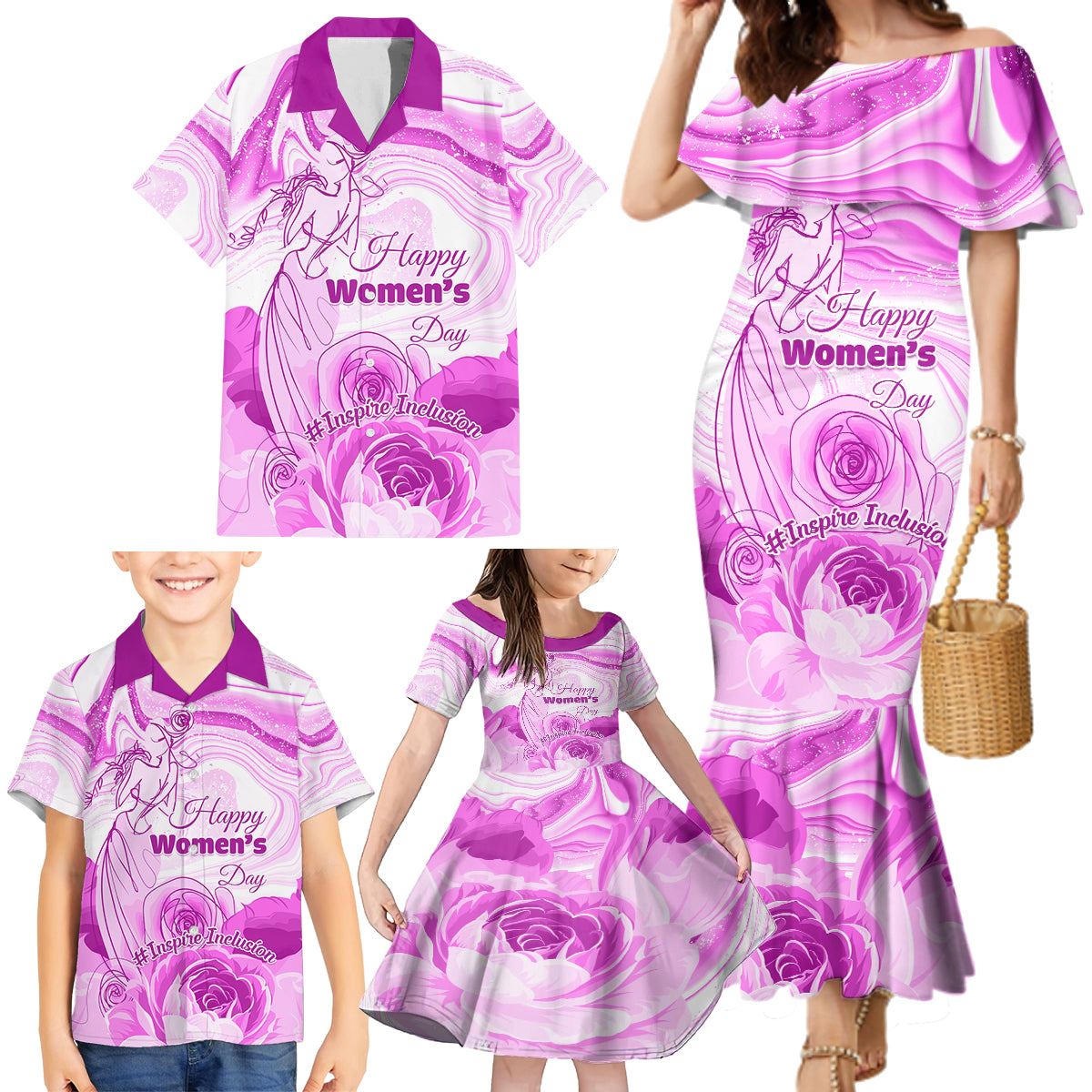 Happy International Women Day 2024 Family Matching Mermaid Dress and Hawaiian Shirt Inspire Inclusion - Wonder Print Shop