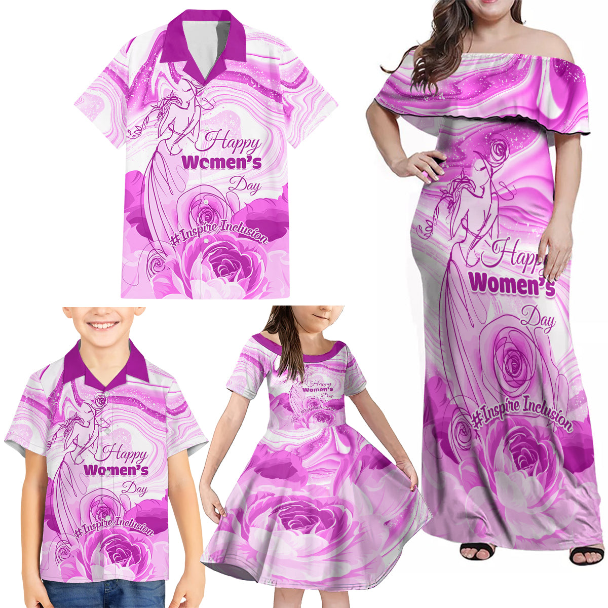 Happy International Women Day 2024 Family Matching Off Shoulder Maxi Dress and Hawaiian Shirt Inspire Inclusion - Wonder Print Shop
