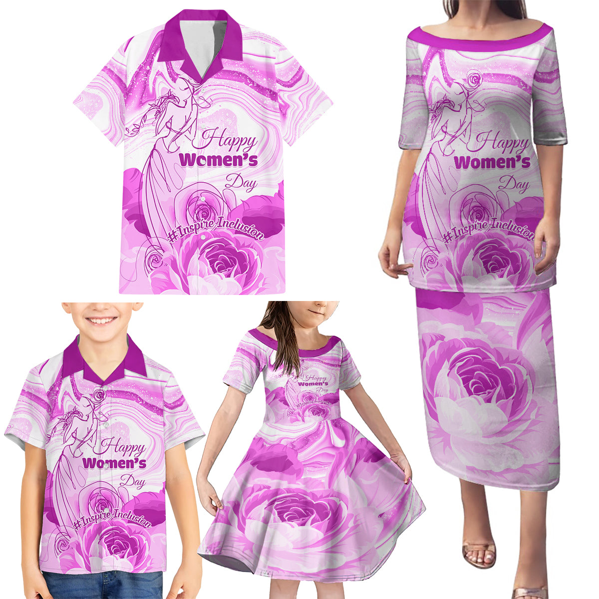 Happy International Women Day 2024 Family Matching Puletasi and Hawaiian Shirt Inspire Inclusion - Wonder Print Shop