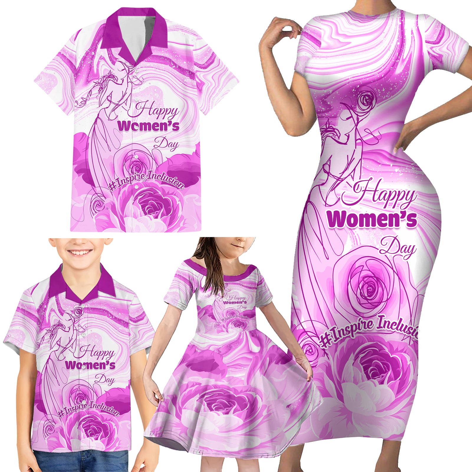 Happy International Women Day 2024 Family Matching Short Sleeve Bodycon Dress and Hawaiian Shirt Inspire Inclusion - Wonder Print Shop