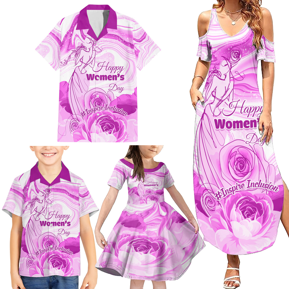 Happy International Women Day 2024 Family Matching Summer Maxi Dress and Hawaiian Shirt Inspire Inclusion - Wonder Print Shop