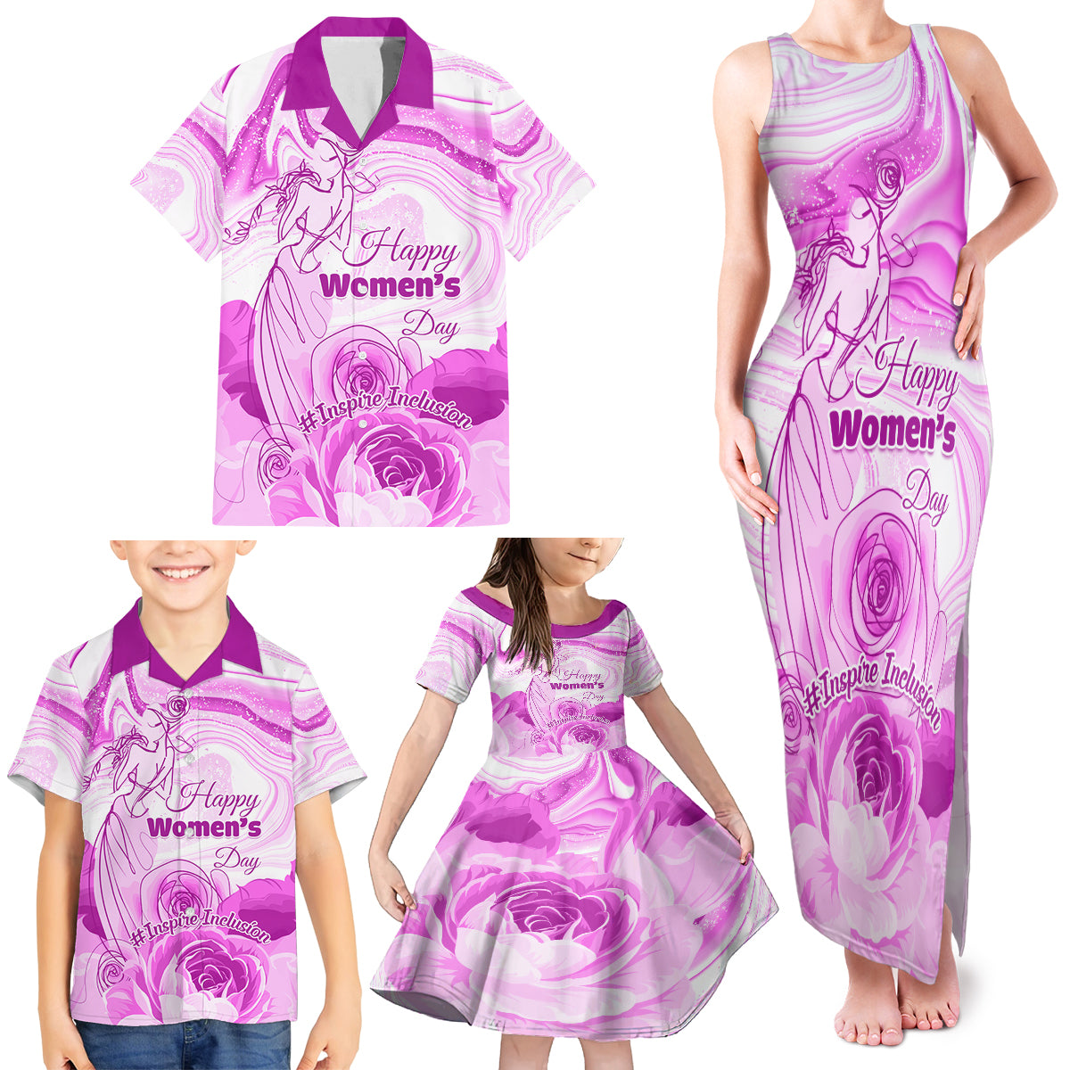 Happy International Women Day 2024 Family Matching Tank Maxi Dress and Hawaiian Shirt Inspire Inclusion - Wonder Print Shop