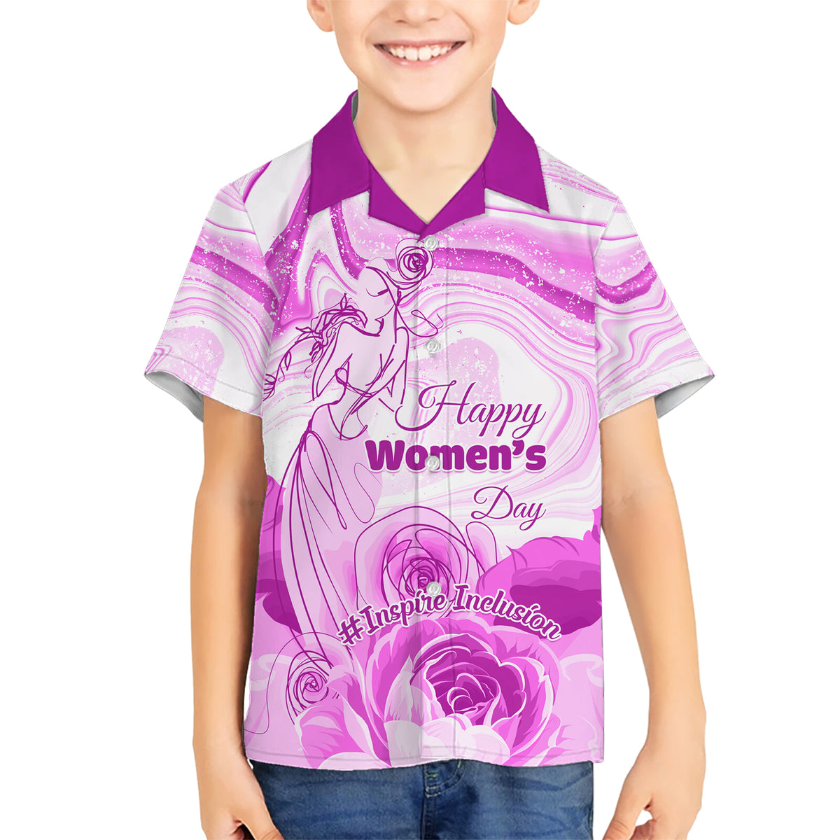 Happy International Women Day 2024 Kid Hawaiian Shirt Inspire Inclusion - Wonder Print Shop