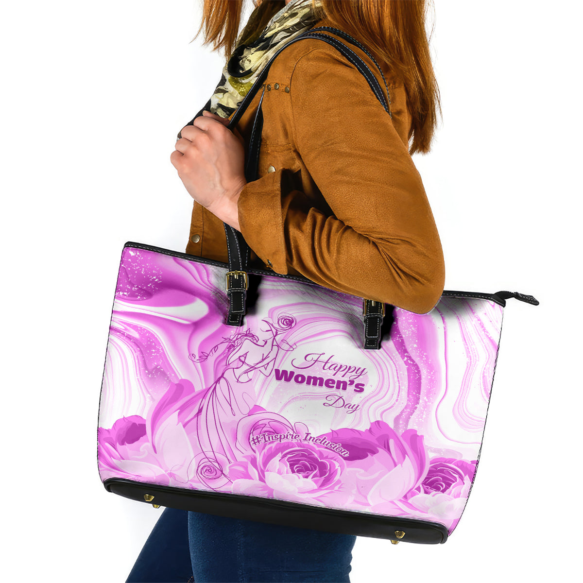 Happy International Women Day 2024 Leather Tote Bag Inspire Inclusion - Wonder Print Shop