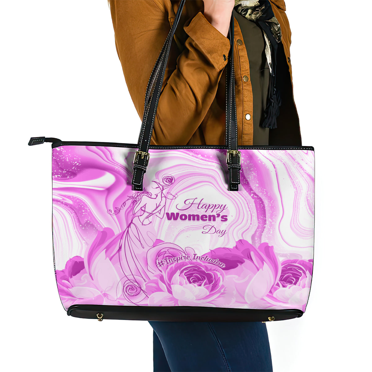 Happy International Women Day 2024 Leather Tote Bag Inspire Inclusion - Wonder Print Shop