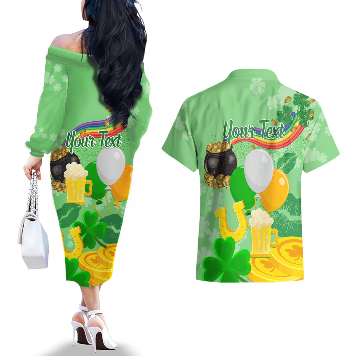 Saint Patrick Day Couples Matching Off The Shoulder Long Sleeve Dress and Hawaiian Shirt Shamrock To Do List - Wonder Print Shop