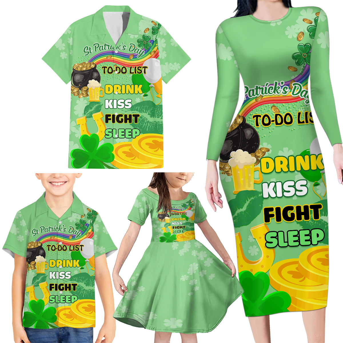 Saint Patrick Day Family Matching Long Sleeve Bodycon Dress and Hawaiian Shirt Shamrock To Do List - Wonder Print Shop