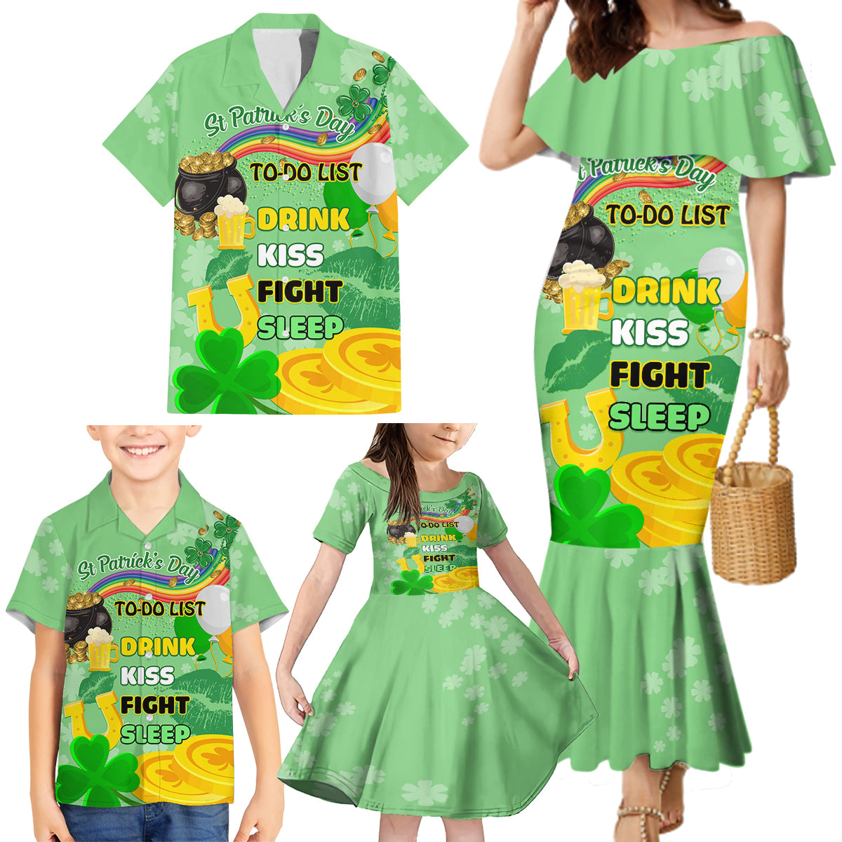 Saint Patrick Day Family Matching Mermaid Dress and Hawaiian Shirt Shamrock To Do List - Wonder Print Shop