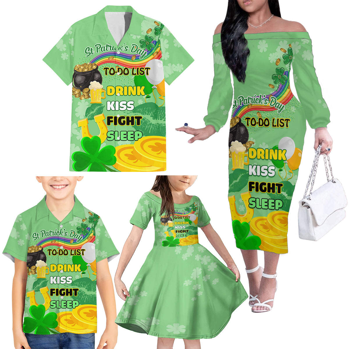 Saint Patrick Day Family Matching Off Shoulder Long Sleeve Dress and Hawaiian Shirt Shamrock To Do List - Wonder Print Shop