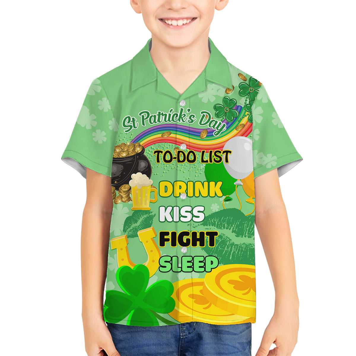Saint Patrick Day Family Matching Off Shoulder Long Sleeve Dress and Hawaiian Shirt Shamrock To Do List - Wonder Print Shop