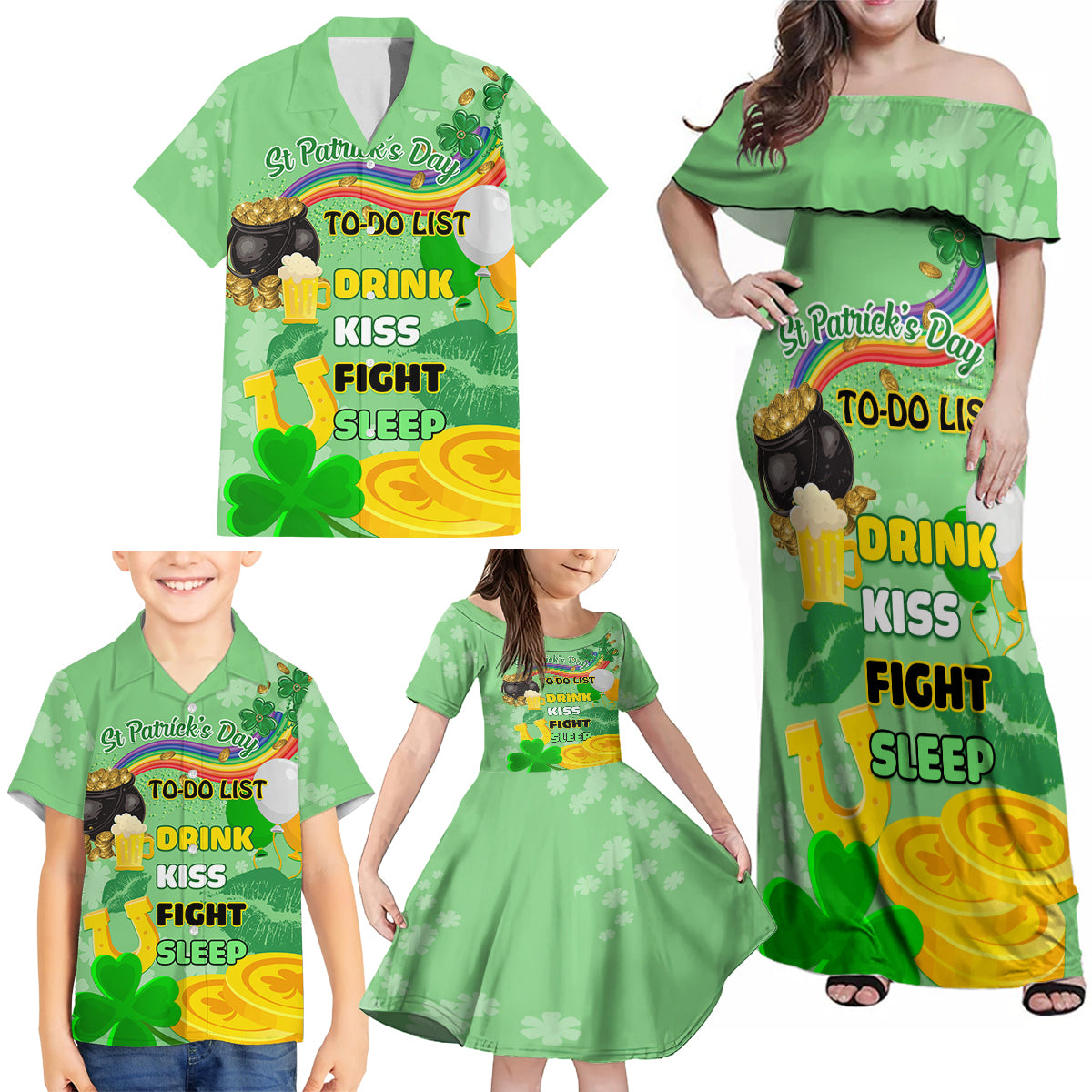 Saint Patrick Day Family Matching Off Shoulder Maxi Dress and Hawaiian Shirt Shamrock To Do List - Wonder Print Shop