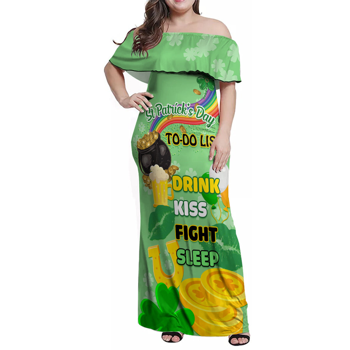 Saint Patrick Day Family Matching Off Shoulder Maxi Dress and Hawaiian Shirt Shamrock To Do List - Wonder Print Shop