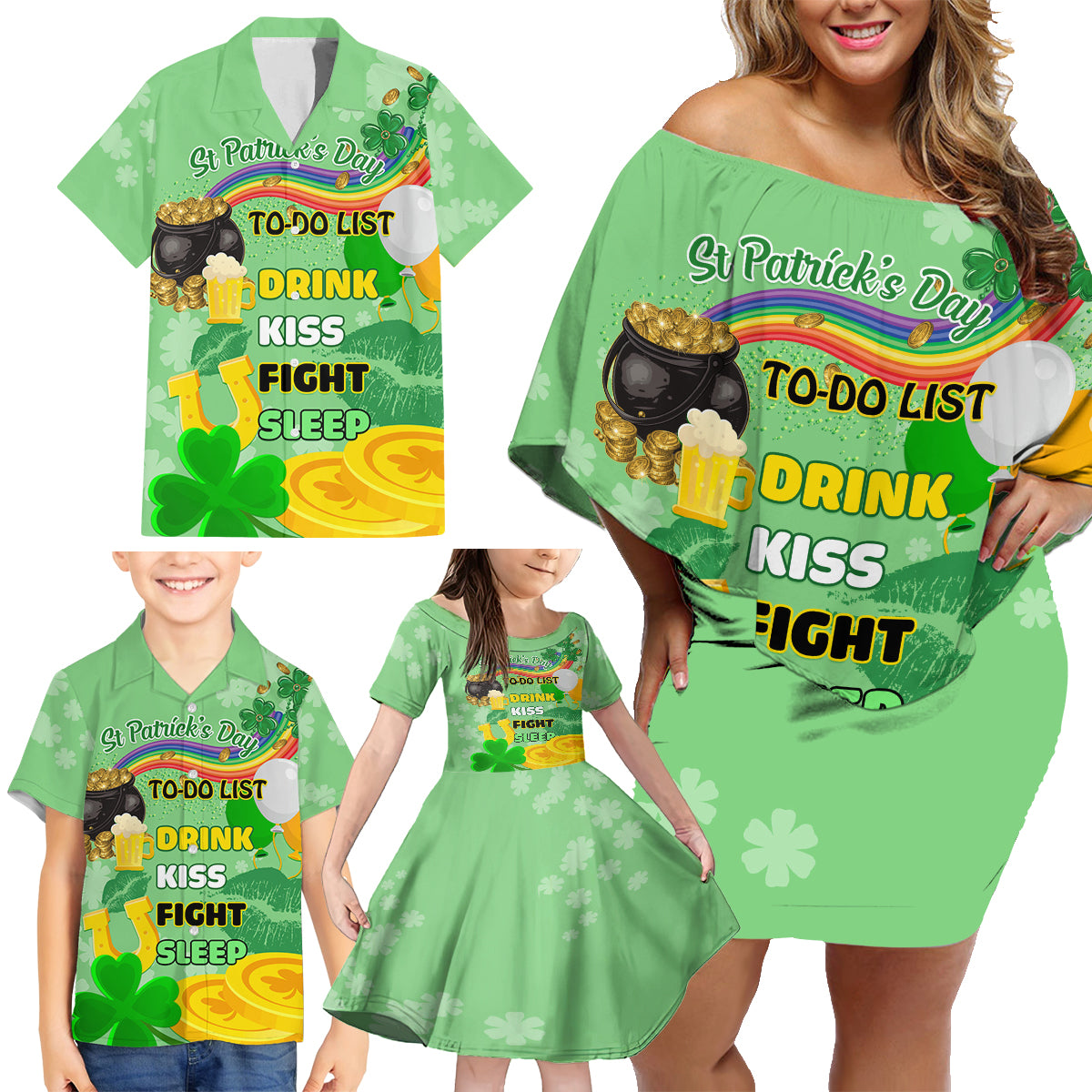 Saint Patrick Day Family Matching Off Shoulder Short Dress and Hawaiian Shirt Shamrock To Do List - Wonder Print Shop