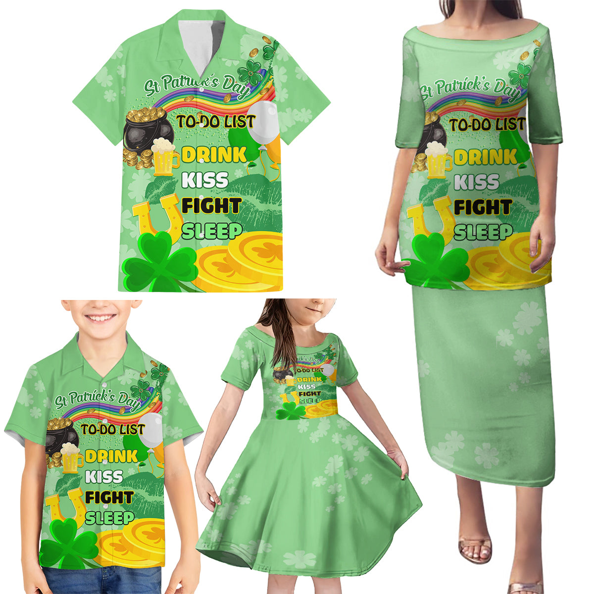 Saint Patrick Day Family Matching Puletasi and Hawaiian Shirt Shamrock To Do List - Wonder Print Shop