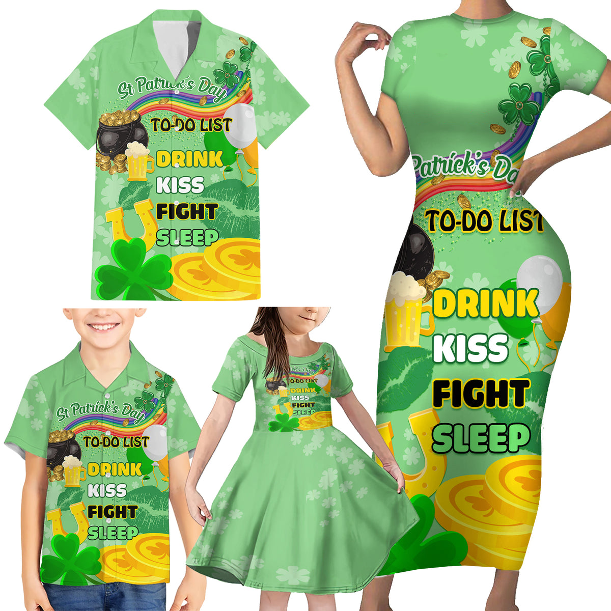 Saint Patrick Day Family Matching Short Sleeve Bodycon Dress and Hawaiian Shirt Shamrock To Do List - Wonder Print Shop