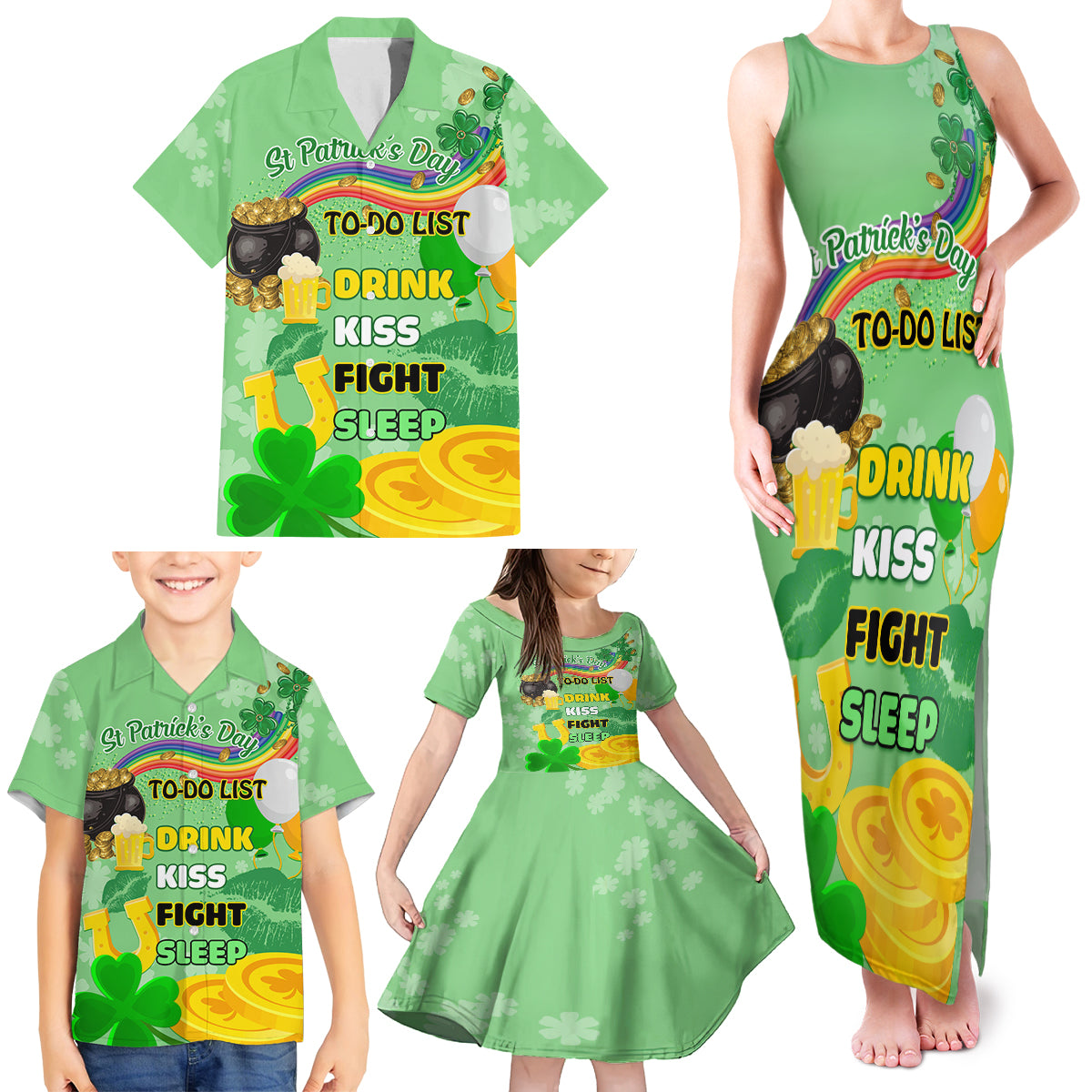 Saint Patrick Day Family Matching Tank Maxi Dress and Hawaiian Shirt Shamrock To Do List - Wonder Print Shop