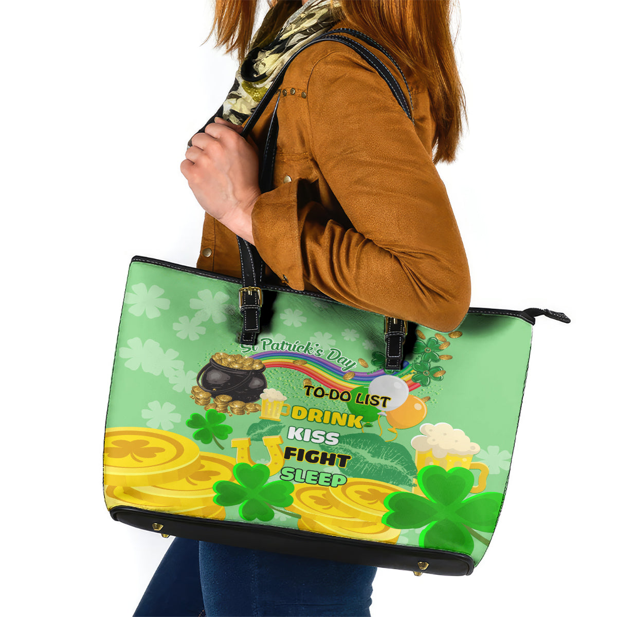 Saint Patrick Day Leather Tote Bag Shamrock To Do List - Wonder Print Shop
